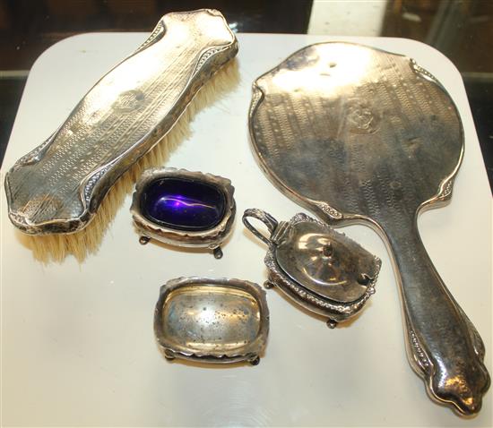 Silver 3 piece condiment set, silver mounted brush and mirror